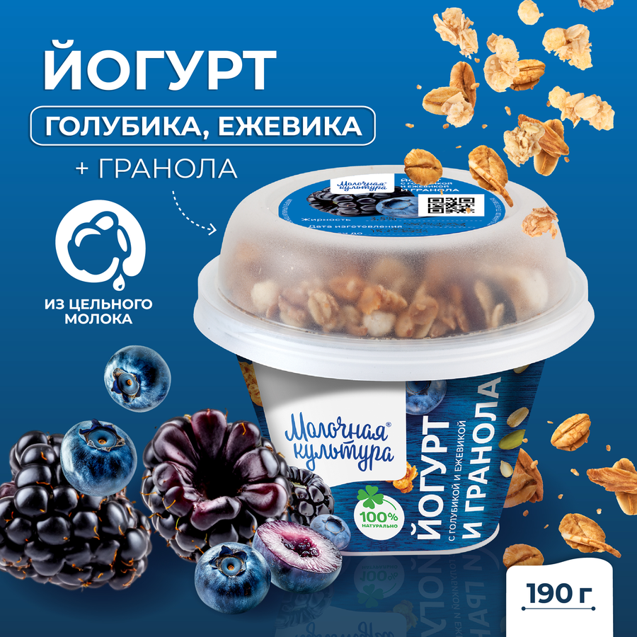 Йогурт МОЛОЧНАЯ КУЛЬТУРА с голубикой и ежевикой с гранолой и изюмом 2,7–3,5%, без змж, 190г, превью