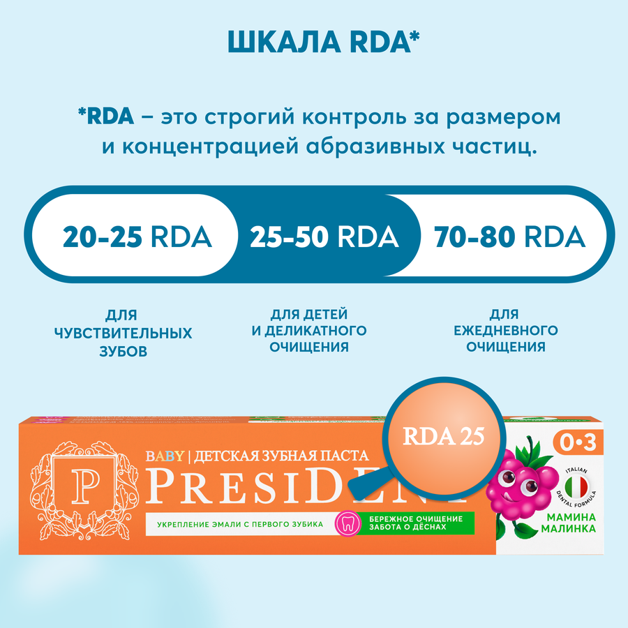 Зубная паста детская PRESIDENT Мамина малинка 0–3 года, 32г, превью
