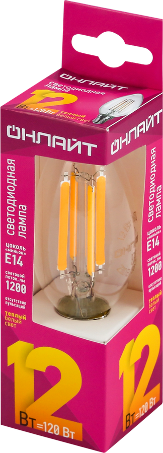 Лампа светодиодная ОНЛАЙТ LED 12Вт, 2700К, Е14, свеча, филамент Арт. 80896, предпросмотр