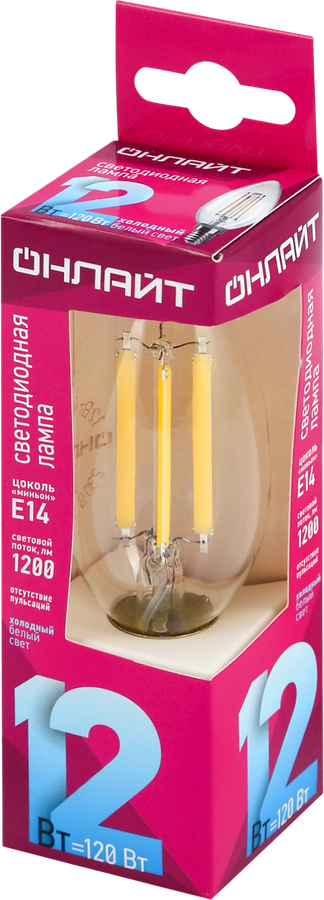 Лампа светодиодная ОНЛАЙТ LED 12Вт, 4000К, Е14, свеча, филамент Арт. 80897, предпросмотр