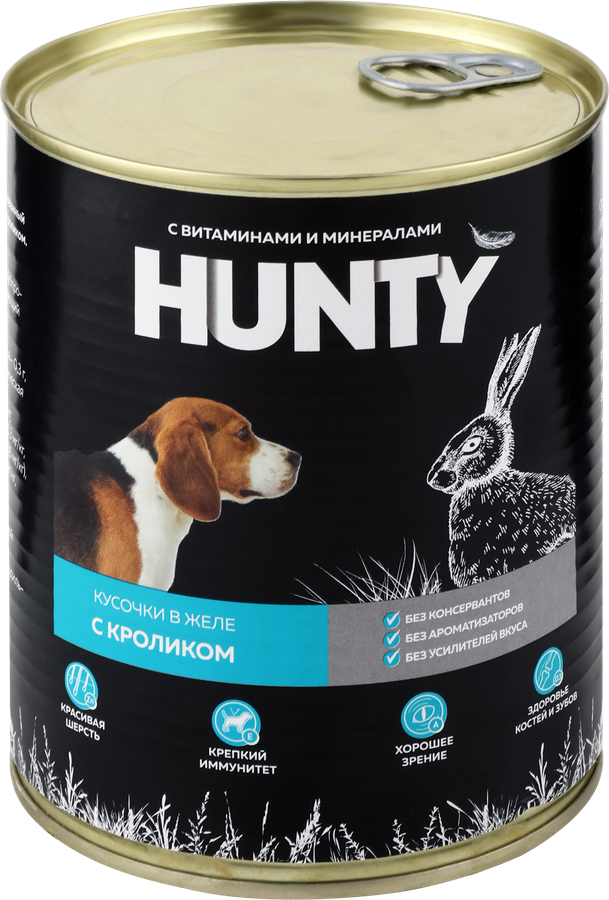 Корм консервированный для собак HUNTY сочные кусочки в желе с кроликом, 850г, превью