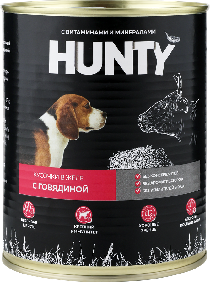 Корм консервированный для собак HUNTY сочные кусочки в желе с говядиной, 850г, предпросмотр