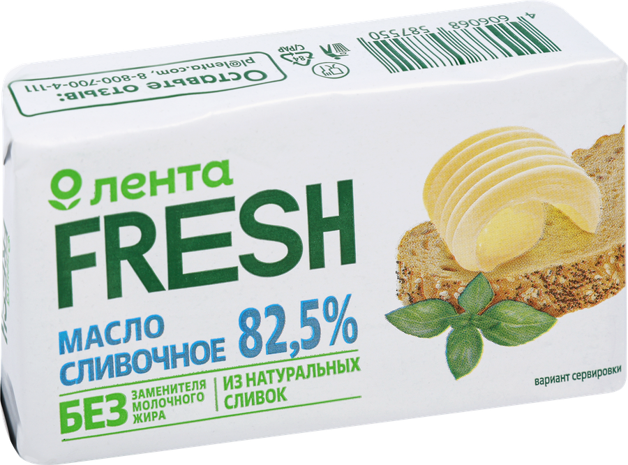 Масло сливочное ЛЕНТА FRESH несоленое 82,5%, без змж, 100г, превью