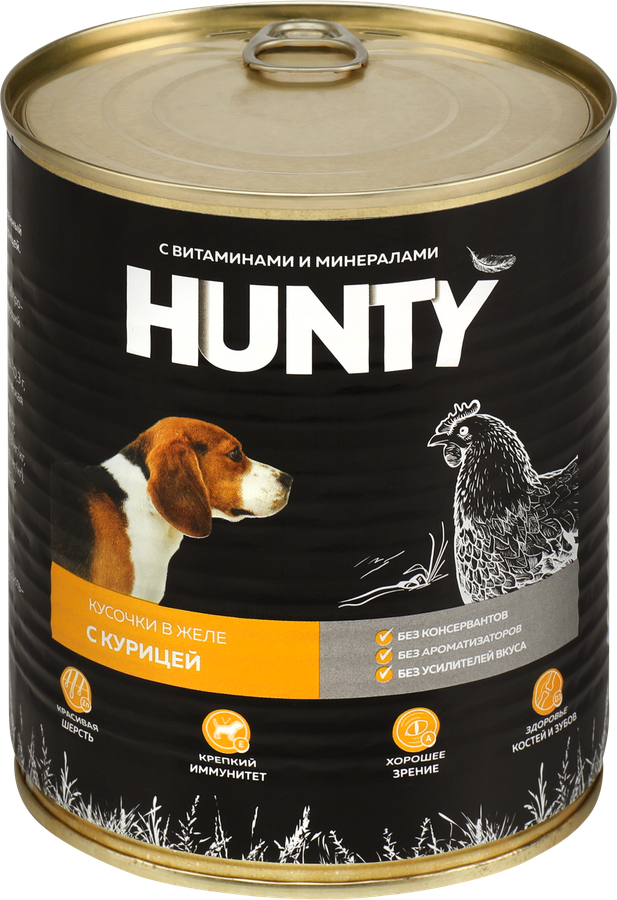 Корм консервированный для собак HUNTY Сочные кусочки в желе с курицей, 850г, предпросмотр