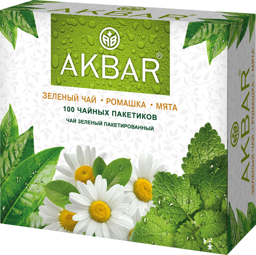 Чай зеленый AKBAR с натуральными добавками ромашки и мяты байховый мелкий, 100пак, предпросмотр
