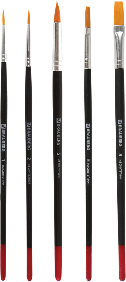 Кисти BRAUBERG синтетические круглые №1,2,5; плоские №5,8, Арт. 200219, 5шт, превью