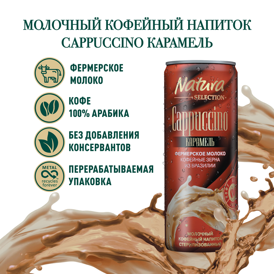 Напиток молочный кофейный NATURA SELECTION Cappuccino Карамель 2,4%, без змж, 220мл, превью