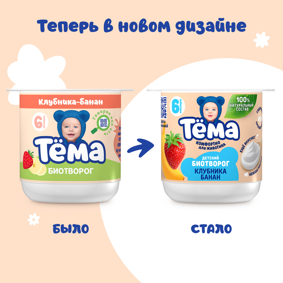 Биотворог для детского питания ТЕМА с клубникой и бананом 4%, без змж, 95г, предпросмотр