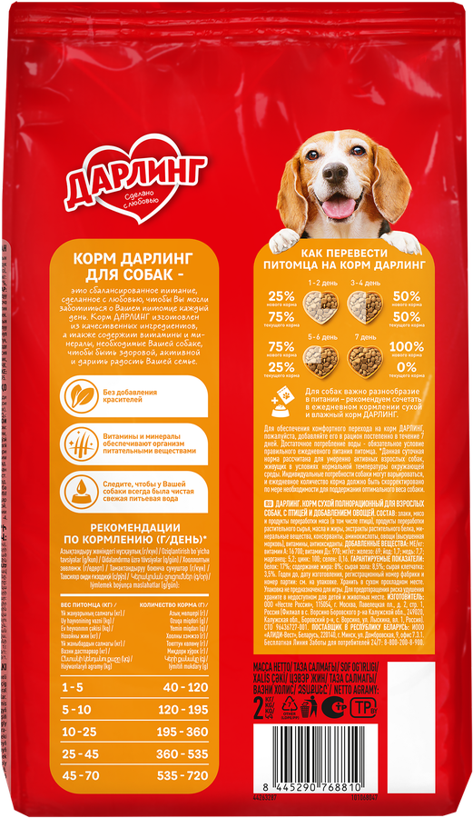 Корм сухой для взрослых собак ДАРЛИНГ с птицей, 2кг, предпросмотр
