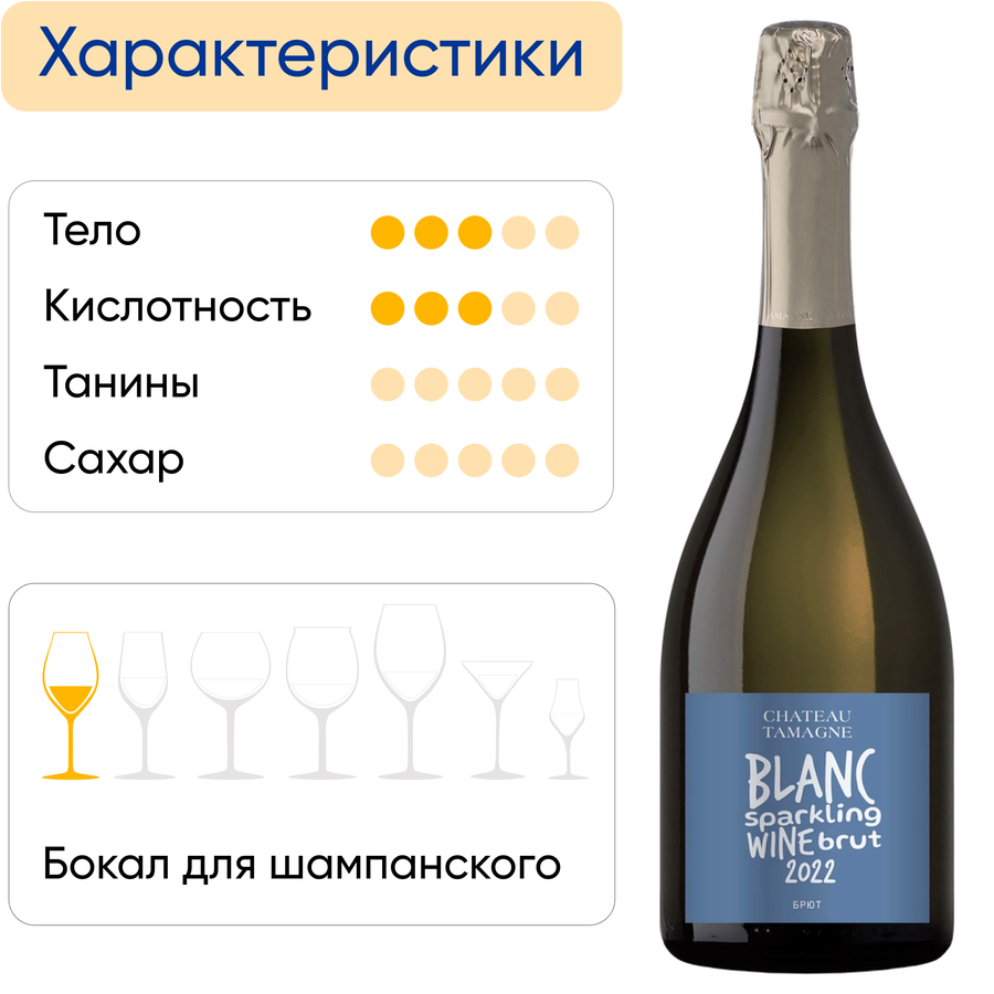 Вино игристое CHATEAU TAMAGNE Блан 308 Российское Кубань Таманский полуостров белое брют, 0.75л, предпросмотр