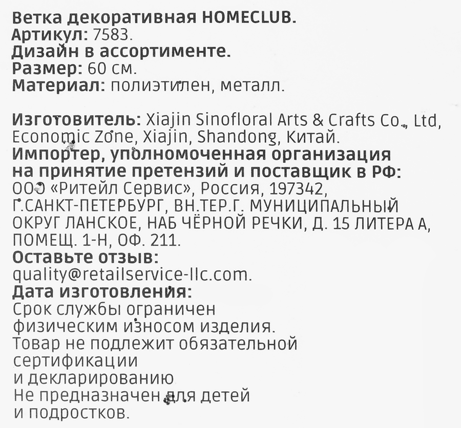 Ветка декоративная HOMECLUB 60см, в ассортименте, превью