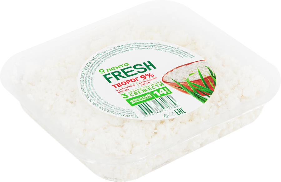 Творог ЛЕНТА FRESH 9%, без змж, 180г, предпросмотр