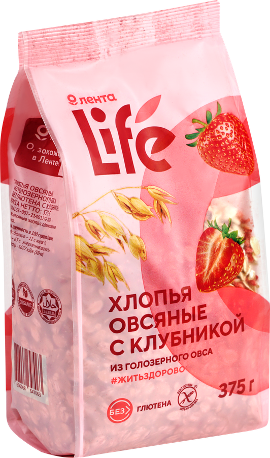 Хлопья овсяные безглютеновые ЛЕНТА LIFE с клубникой, 375г, предпросмотр