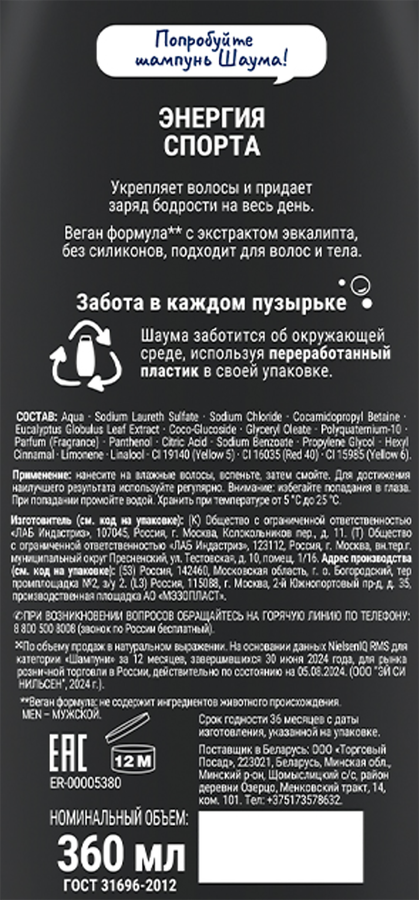 Шампунь для волос мужской ШАУМА Men Энергия спорта 2в1, 360мл, превью