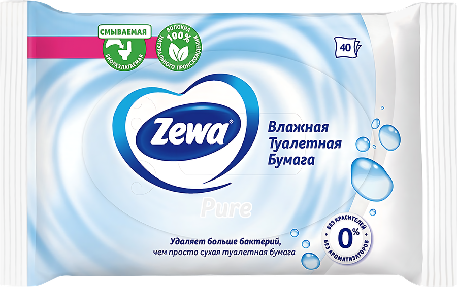 Бумага туалетная влажная ZEWA Пьюр без аромата, 40шт, предпросмотр