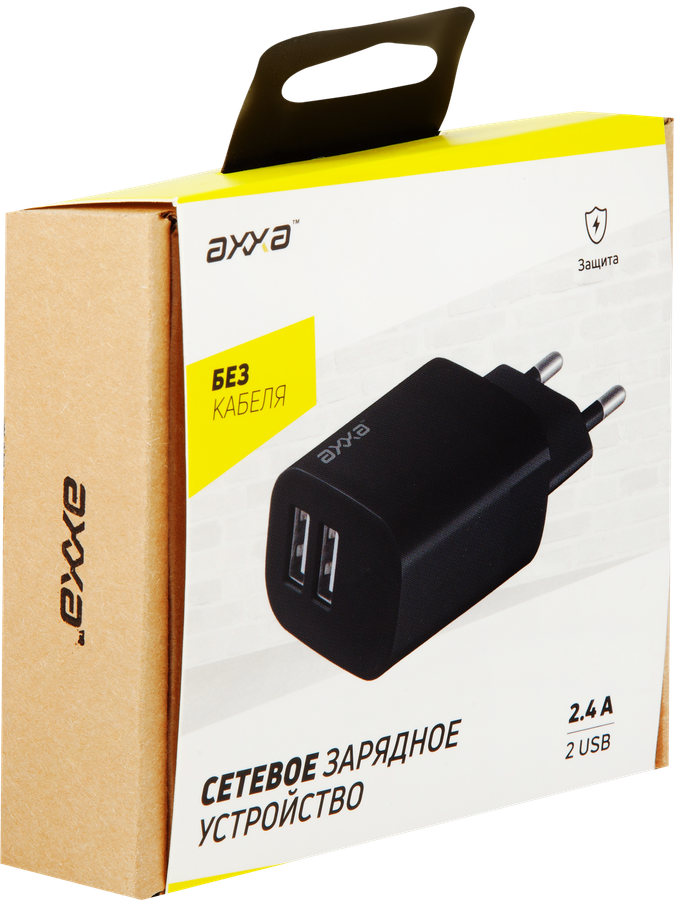 Устройство зарядное сетевое AXXA 2 USB 2.4А, черный, Арт. 2402, предпросмотр