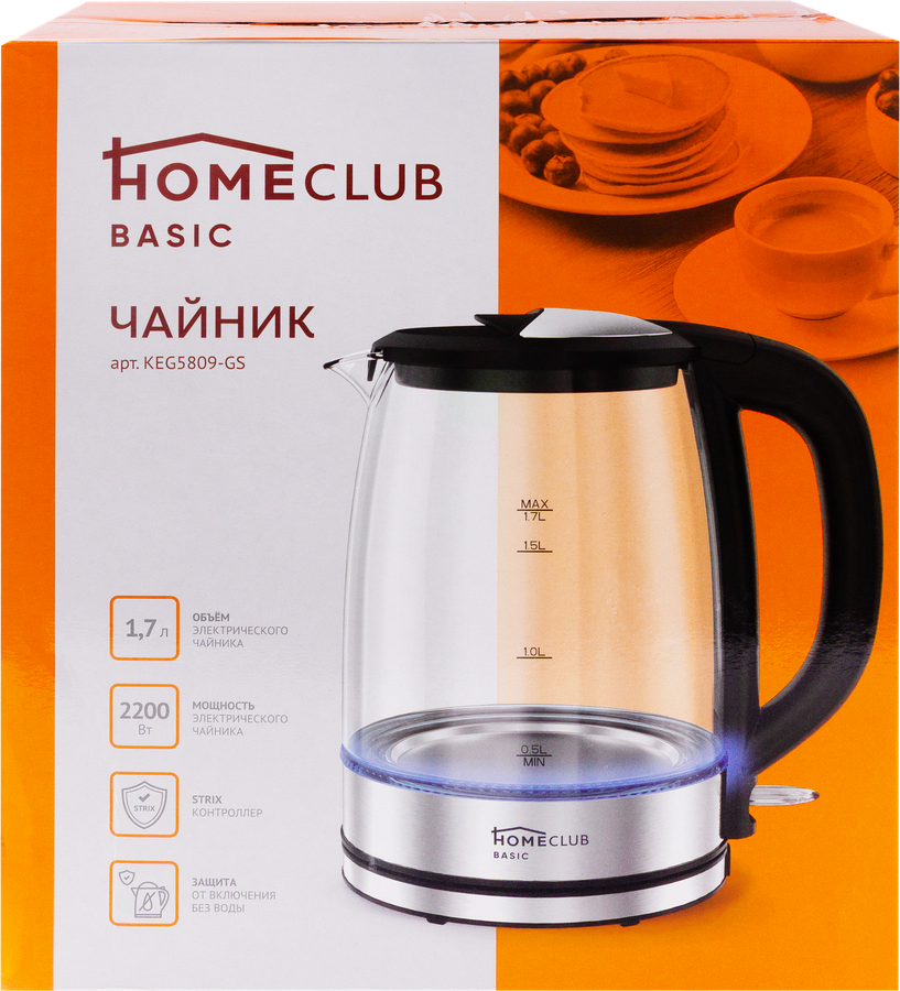 Чайник HOMECLUB Strix, стекло, 1.7л, Арт. KEG5809-GS, предпросмотр