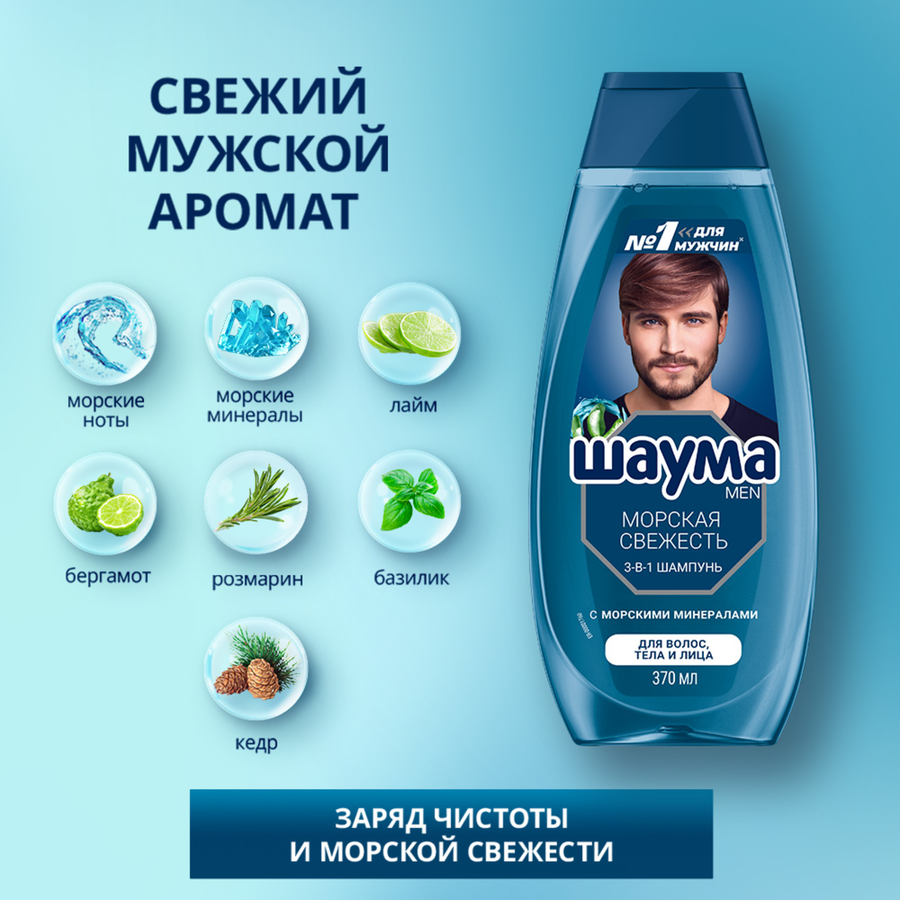Шампунь мужской ШАУМА Men 3в1 Морская свежесть, 370мл, превью