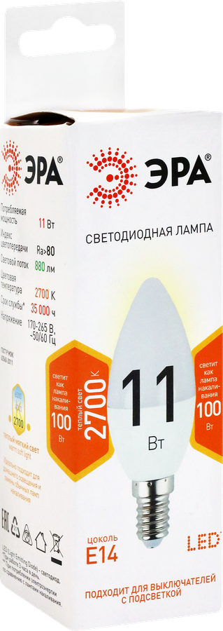 Лампа светодиодная ЭРА Std LED B35-11W-827-E14 11Вт свеча, теплый белый свет, Арт. Б0032980, предпросмотр