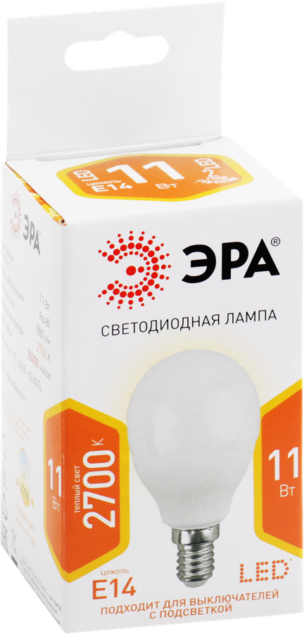 Лампа светодиодная ЭРА Std LED P45-11W-827-E14 11Вт шар, теплый белый свет, Арт. Б0032986, превью