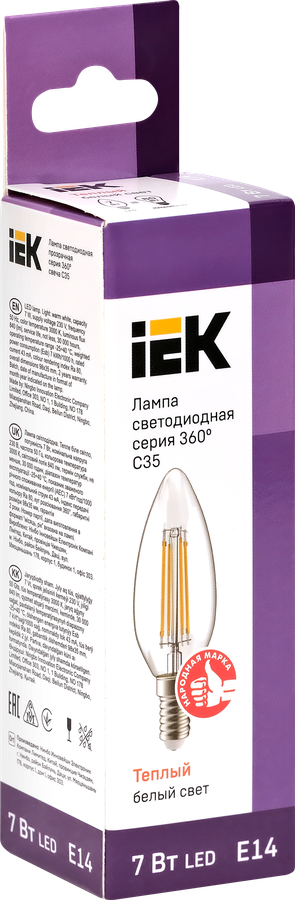 Лампа IEK LED свеча 7Вт, 230В, 3000К, цоколь Е14 360, Арт. LLF-C35-7-230-30-E14-CL, превью
