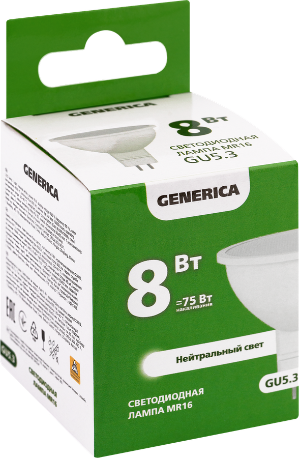 Лампа GENERICA LED софит 8Вт, 230В, 4000К, цоколь GU5.3, Арт. LL-MR16-08-230-40-GU5-G, превью