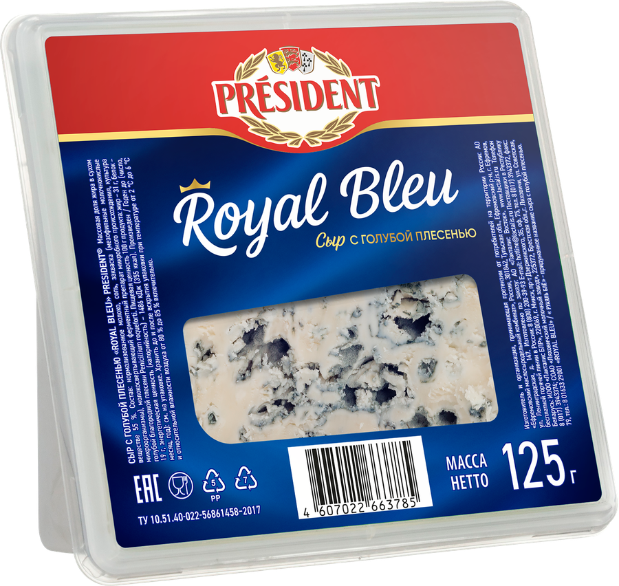 Сыр PRESIDENT Royal Blue c голубой плесенью 55%, без змж, 125г, превью