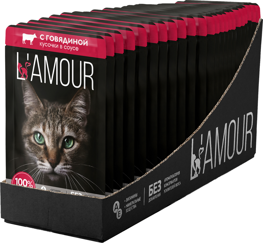 Корм консервированный для кошек L’AMOUR с говядиной в соусе, 75г, превью