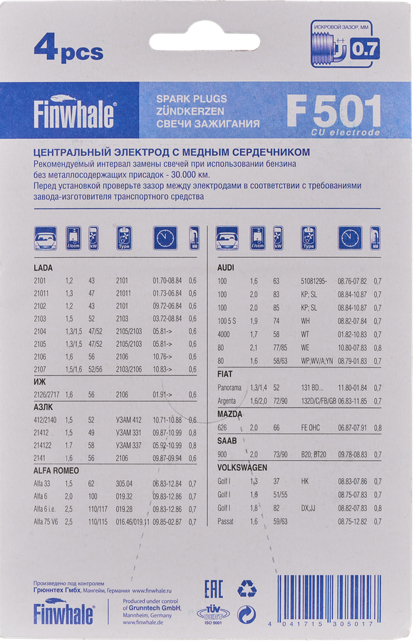 Свечи зажигания FINWHALE для LADA 2101-07/ОДА 1,6/ZAZ Tavria, Арт. F501, 4шт, превью