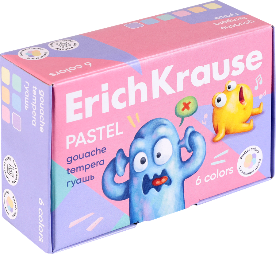 Гуашь ERICHKRAUSE Jolly friends Pastel, 6 цветов по 20мл, Арт. 61418, предпросмотр