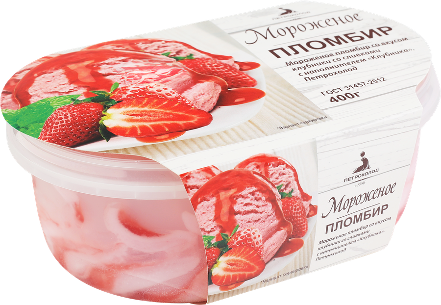 Мороженое ПЕТРОХОЛОД Пломбир со вкусом клубники со сливками с клубничным наполнителем 15%, без змж, контейнер, 400г, предпросмотр