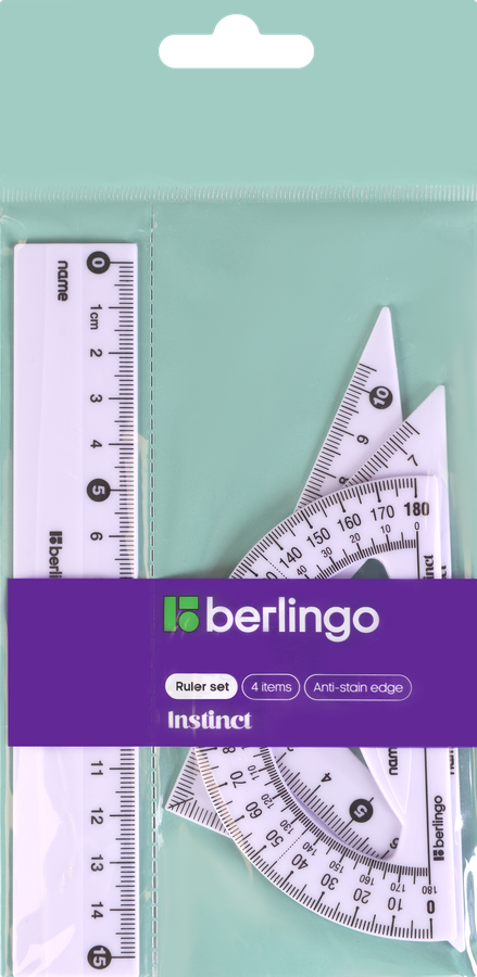 Набор чертежный BERLINGO Instinct, треугольник – 2шт, линейка 15см, транспортир, в ассортименте, Арт. 339131, превью