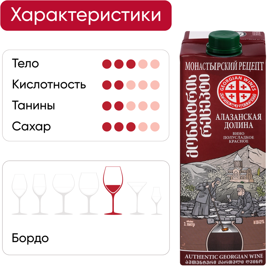 Вино МОНАСТЫРСКИЙ РЕЦЕПТ Алазанская Долина ординарное сортовое красное полусладкое, 1л, превью
