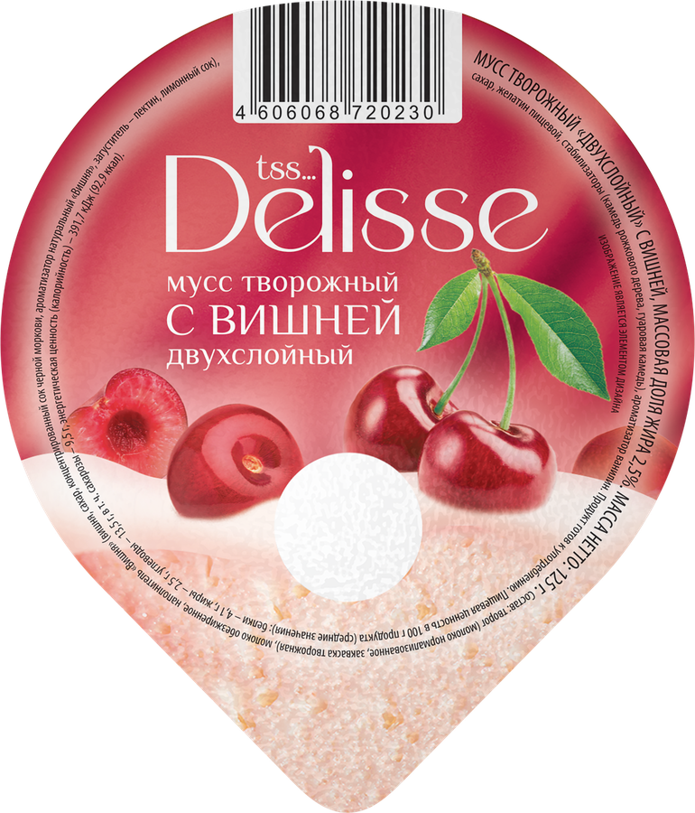Мусс творожный DELISSE с вишней двухслойный 2,5%, без змж, 125г, предпросмотр