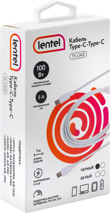 Кабель LENTEL Type-C-Type-C, 1м, 5А, 100Вт, быстрая зарядка, Арт. TS-CA02, превью