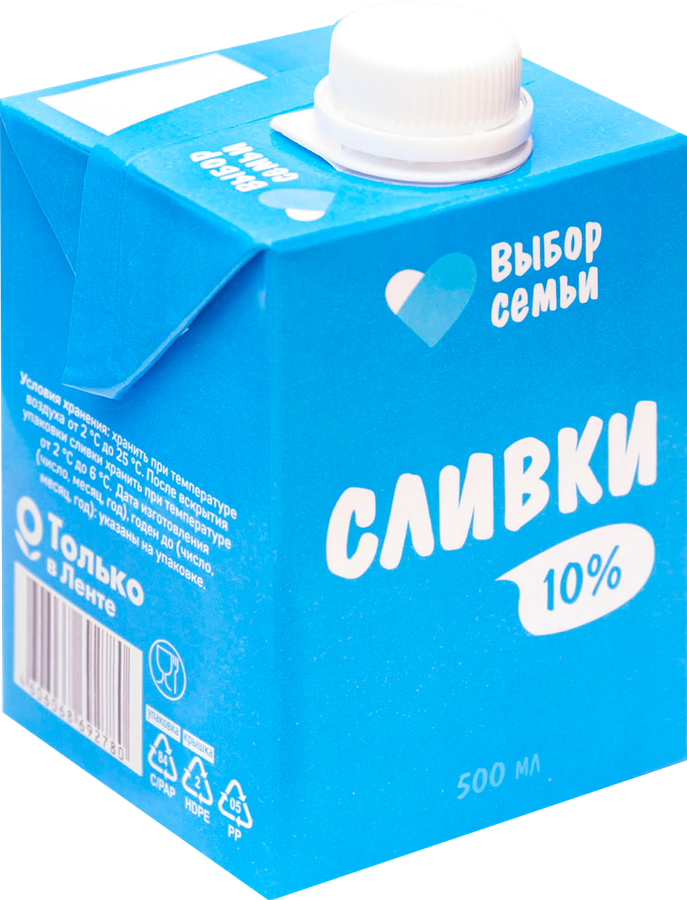 Сливки ультрапастеризованные ВЫБОР СЕМЬИ 10%, без змж, 500мл, превью