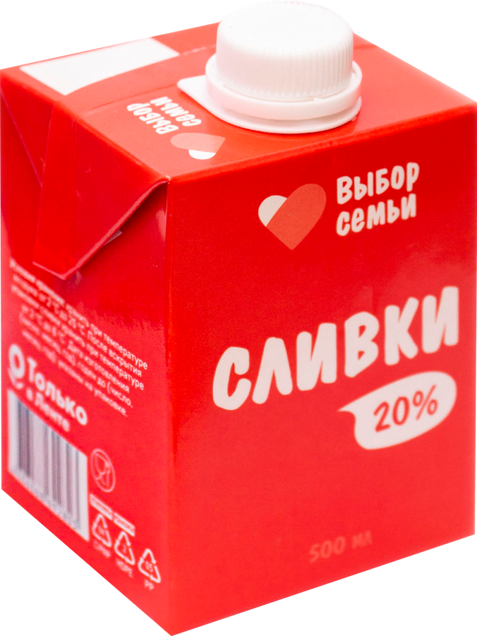 Сливки ультрапастеризованные ВЫБОР СЕМЬИ 20%, без змж, 500мл, превью
