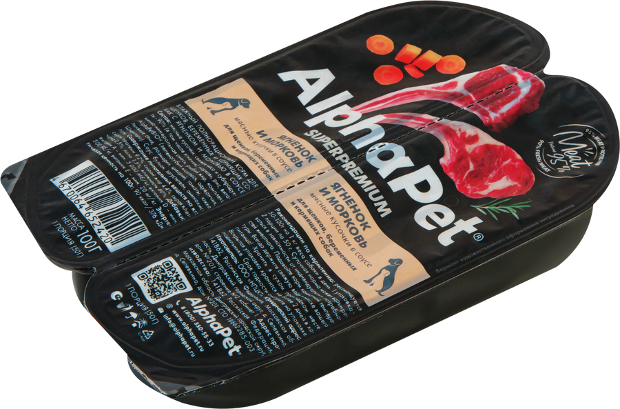 Корм влажный для щенков, беременных и кормящих собак ALPHAPET Superpemium Ягненок и морковь мясные кусочки в соусе, 100г, предпросмотр