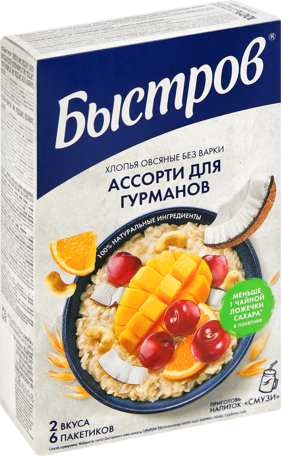 Каша овсяная БЫСТРОВ Ассорти для гурманов, Вишня, кешью, кокос и Манго, апельсин, 6х38г, предпросмотр
