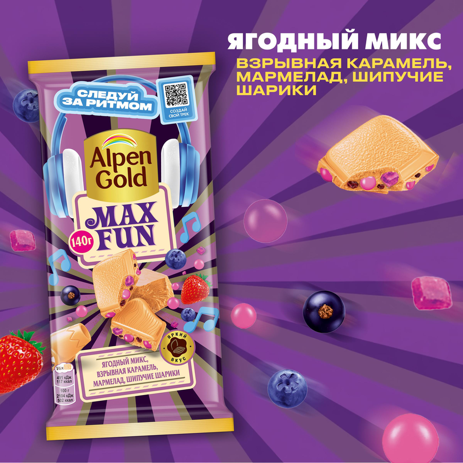 Шоколад белый ALPEN GOLD МаксФан ягодный микс, 140г, превью