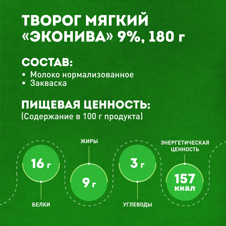 Творог ЭКОНИВА 9%, без змж, 180г, превью