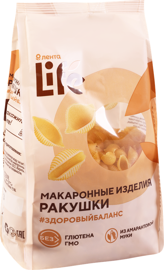 Макароны безглютеновые ЛЕНТА LIFE Ракушки, из кукурузной муки с добавлением амарантовой, 250г, предпросмотр