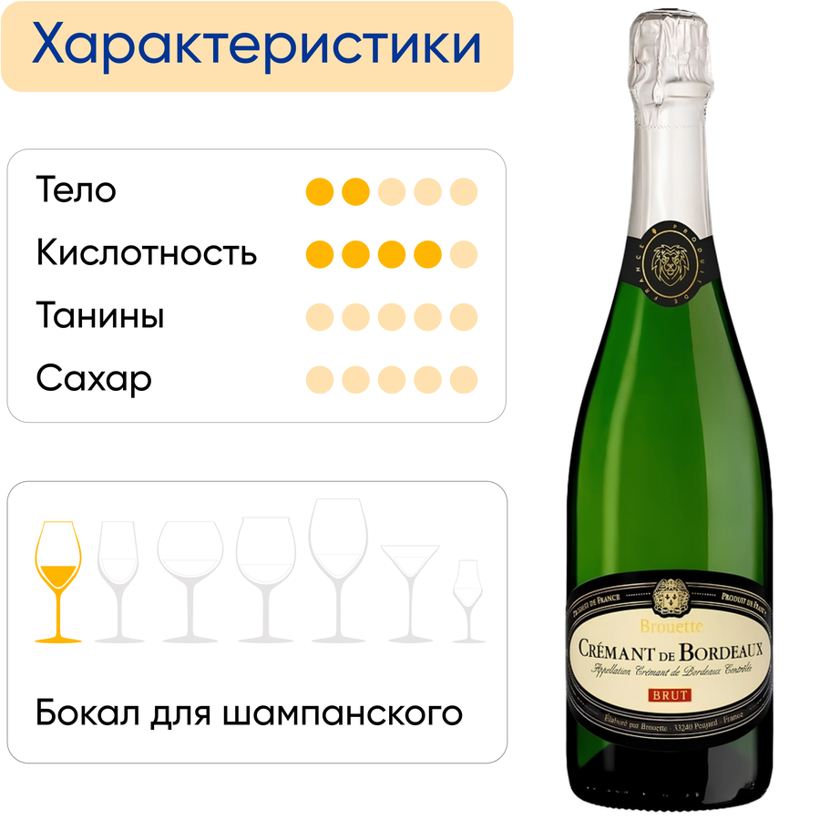 Вино игристое BROUETTE Blanc Креман де Бордо выдержанное белое брют, 0.75л, превью