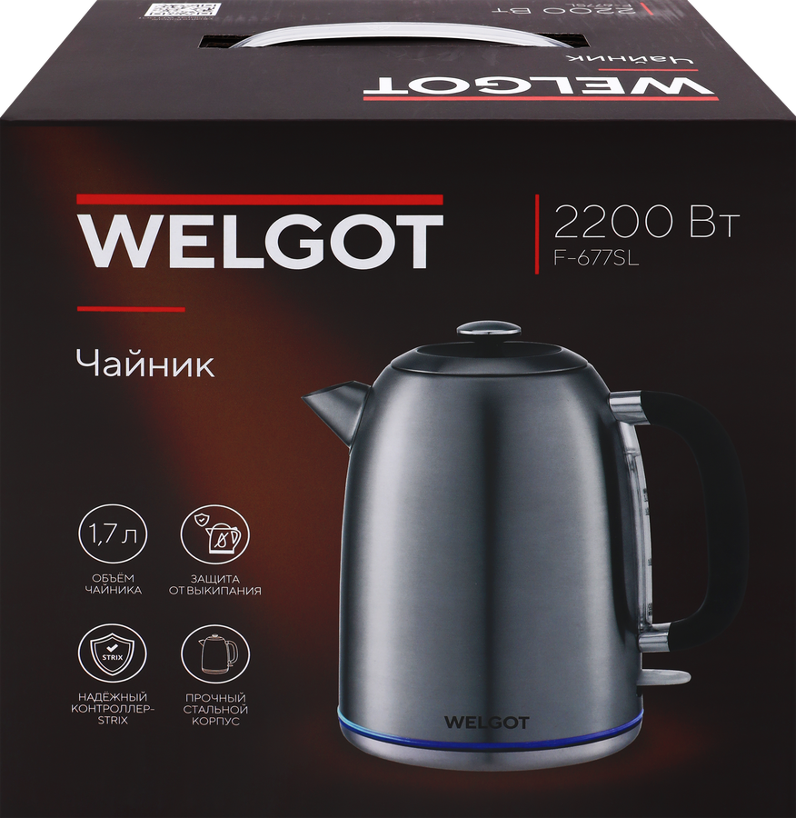 Чайник WELGOT Inox, металлический с подсветкой, strix, 1.7л, Арт. F-677SL, предпросмотр