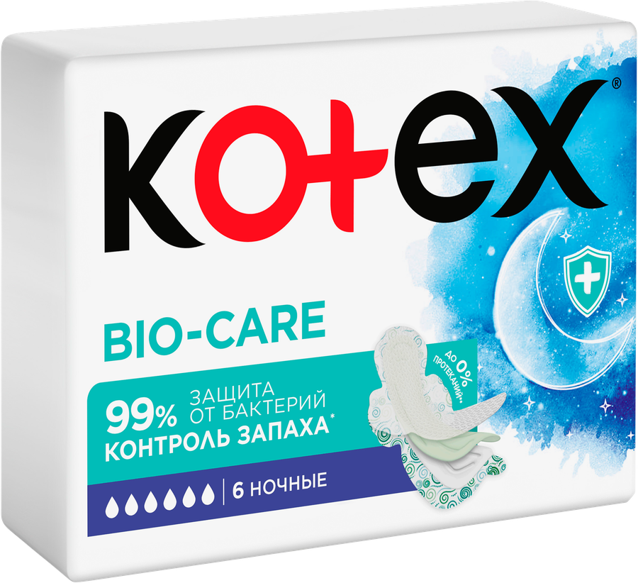 Прокладки гигиенические KOTEX Bio-care ночные, 6шт, предпросмотр