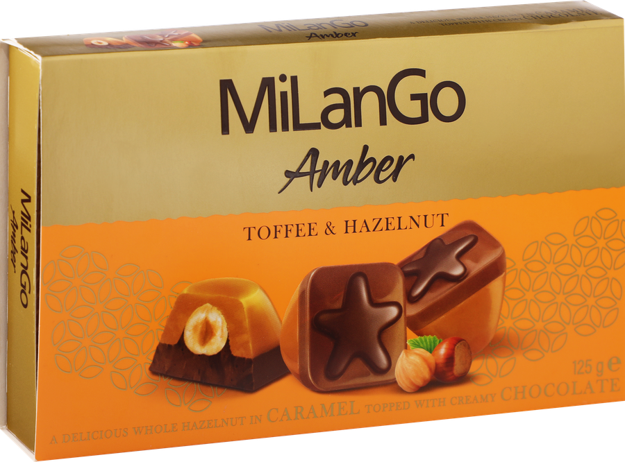 Конфеты SOLEN Milango amber с фундуком, карамельной нугой и молочным шоколадом, 125г, предпросмотр