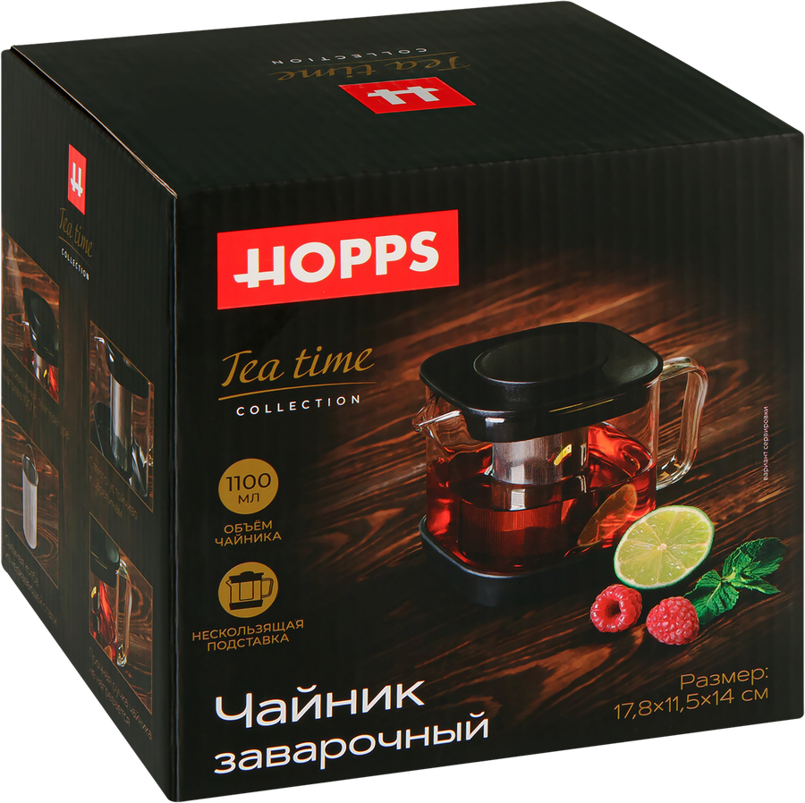 Чайник заварочный HOPPS Tea time, стекло, нержавеющая сталь, пластик, 1.1л, Арт. H-TP1, превью