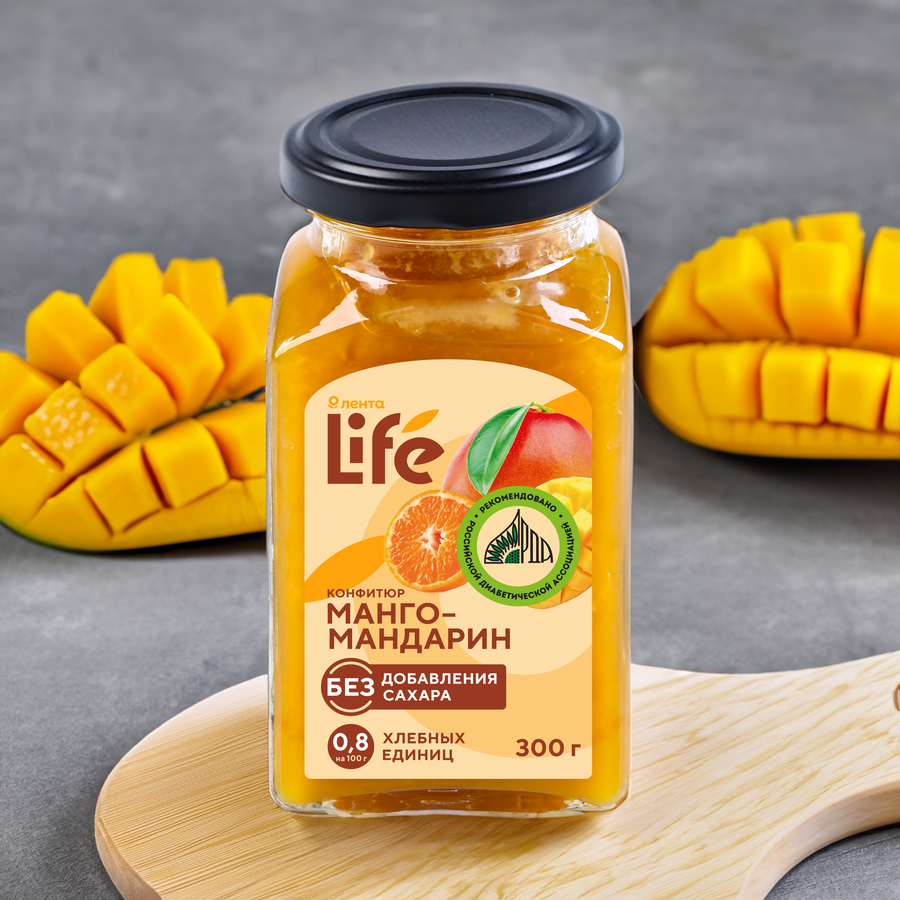 Конфитюр ЛЕНТА LIFE Манго-мандарин, без сахара, 300г, предпросмотр
