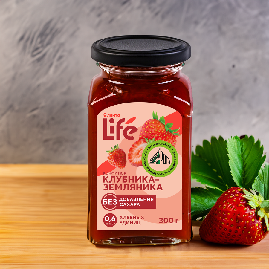 Конфитюр ЛЕНТА LIFE Клубника-земляника, без сахара, 300г, предпросмотр
