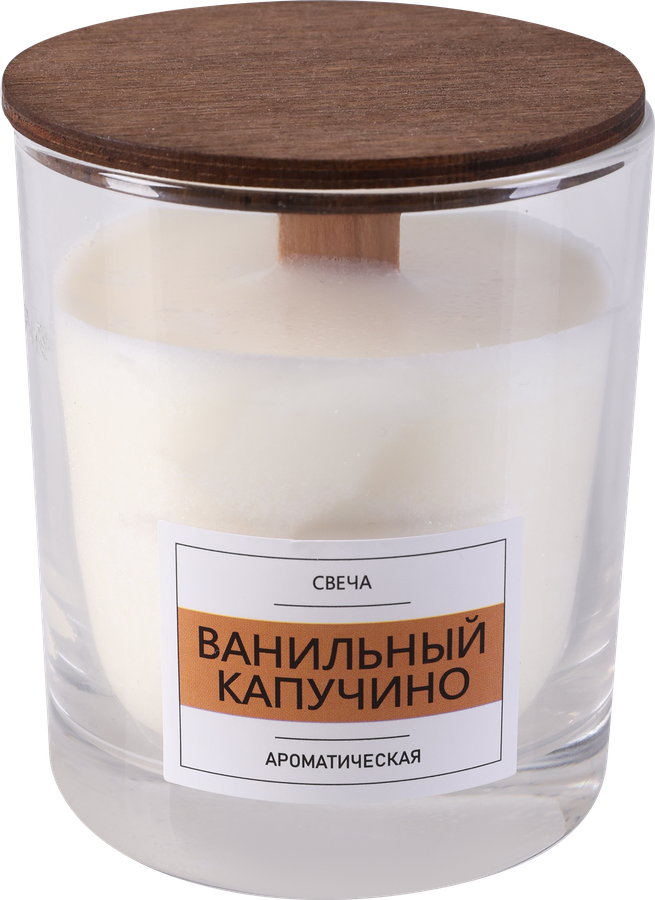 Свеча ароматическая HOMECLUB Ванильный капучино, в стакане с крышкой, деревянный фитиль, предпросмотр